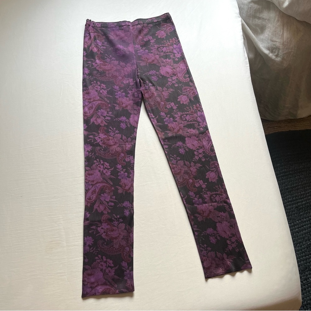 MASAKI MATSUOKA purple black floral print pleated elastic waist slim‎ leg pants